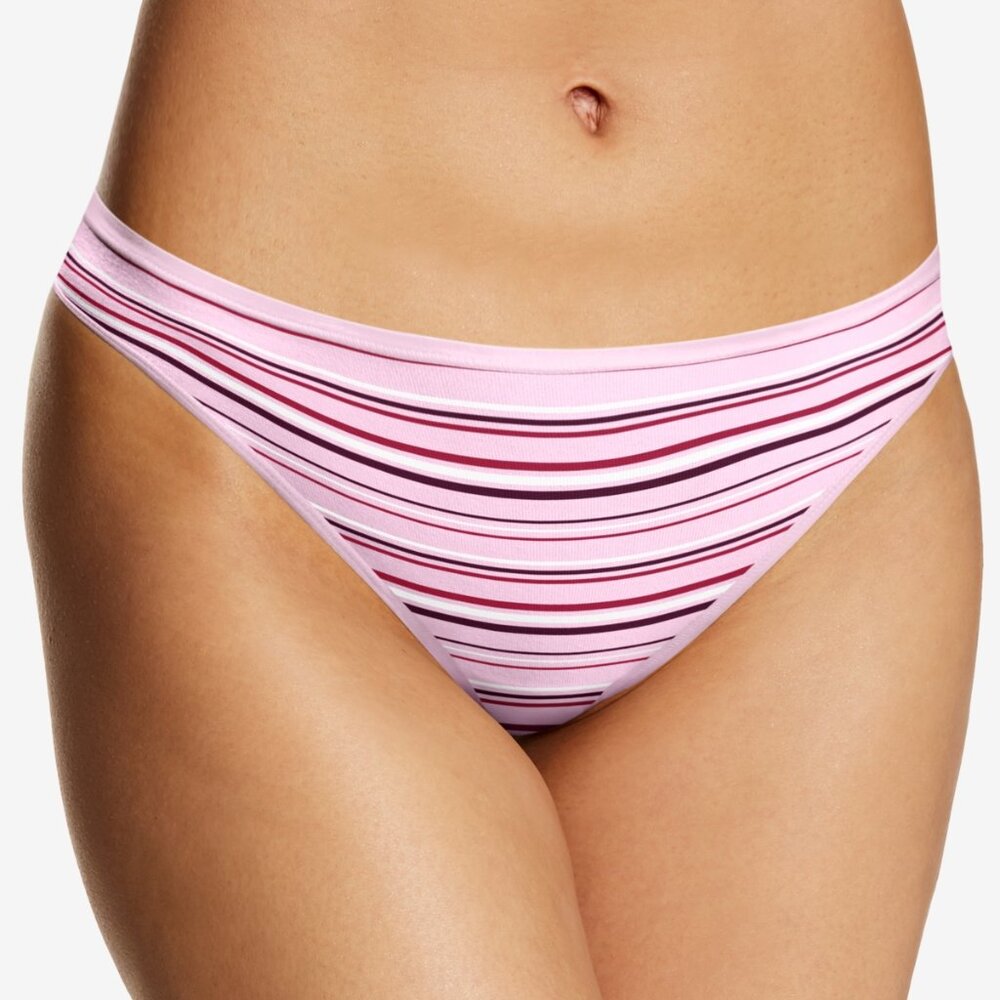 Maidenform Women's Cotton Comfort Thong Underwear Dmcobk - Raspberry Stripe/rasp